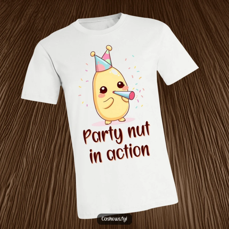 Funny kawaii cashew in a party hat, joyfully blowing a confetti popper on a t-shirt.