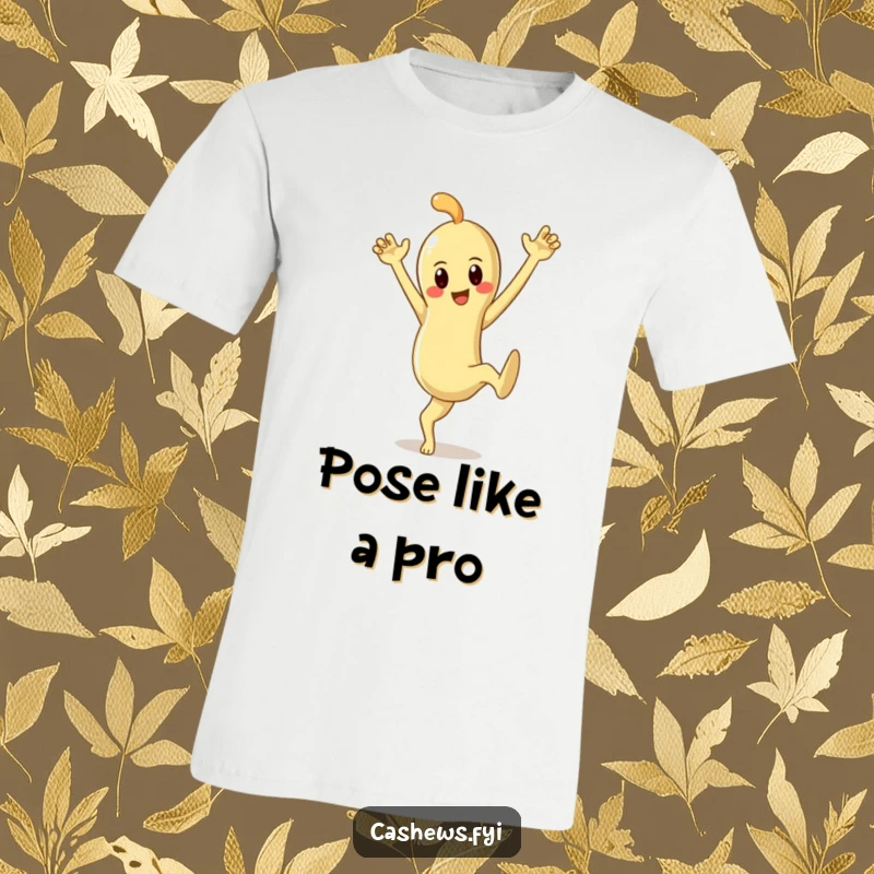 Funny T-shirt showcasing a cashew character in a dynamic, dramatic pose with one leg up and arms outstretched, full of flair.