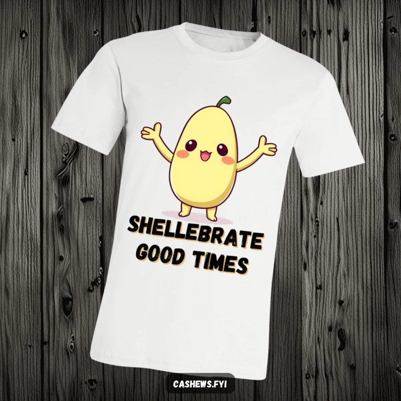 Funny t-shirt showcasing a kawaii cashew character with arms raised in an adorable pose of utter delight and surprise.