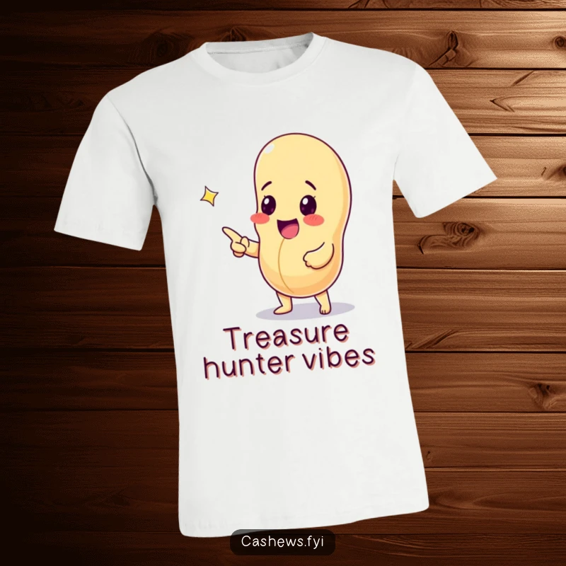 Funny t-shirt of an excited cashew nut pointing at a sparkling gem, celebrating discovery and the joy of finding something precious.