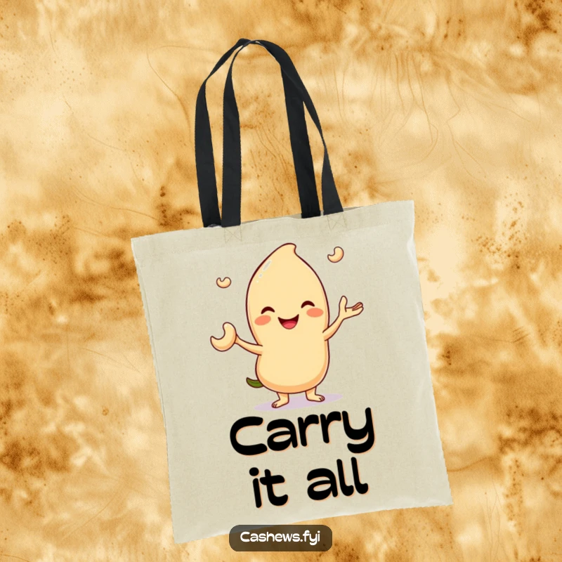 Funny tote bag design of a smiling cashew character juggling three tiny cashew nuts, a cheerful and skillful accessory.
