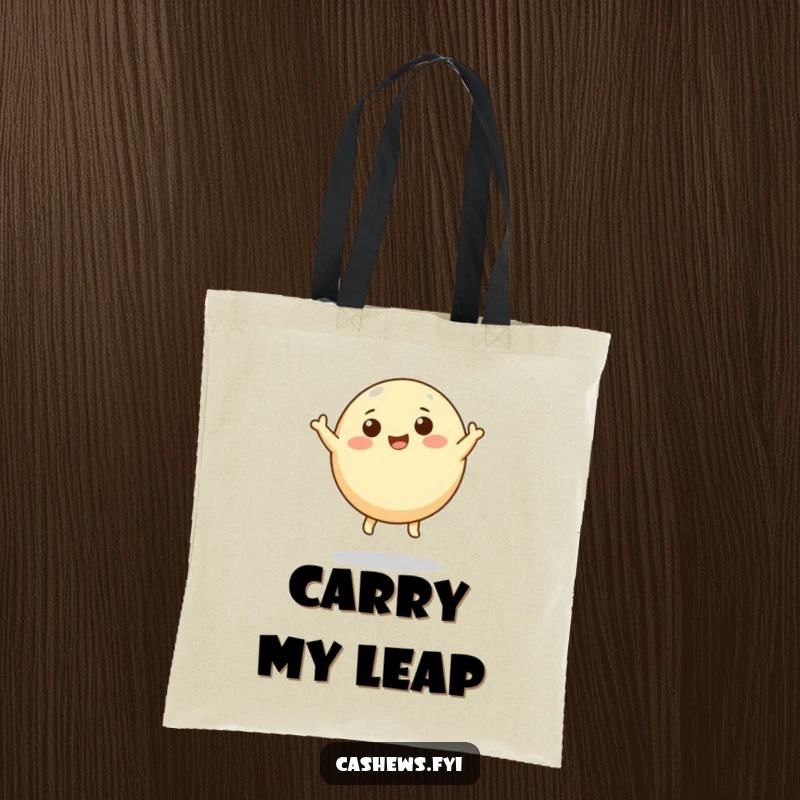 Funny tote bag design of a round cashew character with tiny legs leaping upwards, a cheerful and motivational accessory.