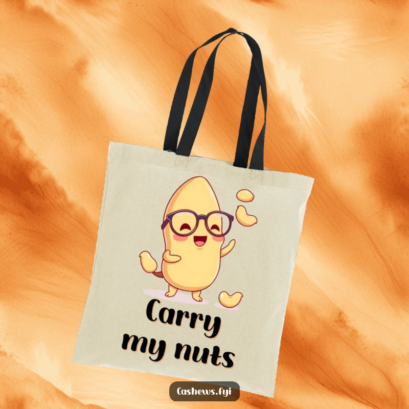 Funny kawaii cashew tote bag showing a cute nut wearing glasses, skillfully juggling small cashews, a fun and practical accessory.