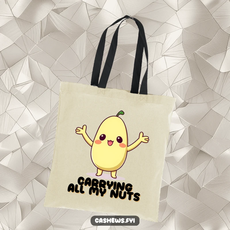 Funny tote bag illustrating a kawaii cashew character with arms raised in delighted surprise, perfect for carrying goodies with cuteness.