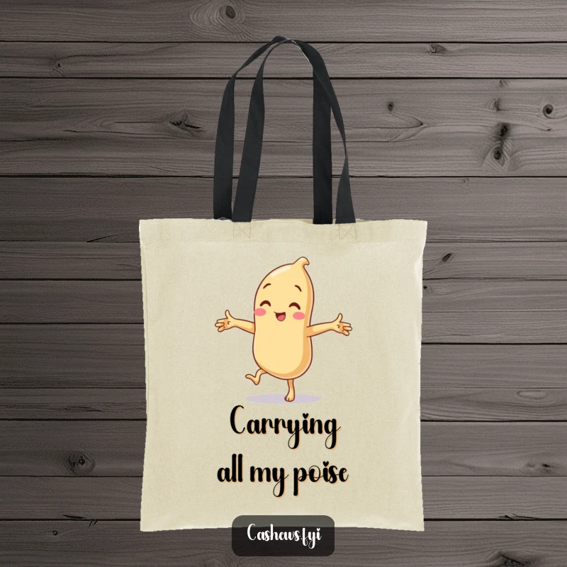 Funny tote bag featuring a cashew character attempting a comical balance on one leg with its arms comically outstretched.