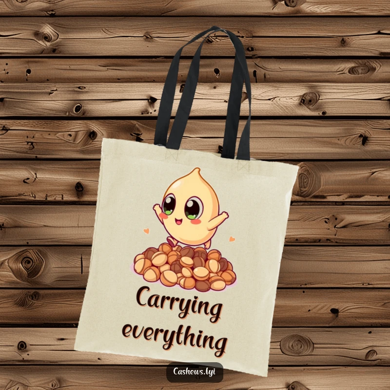 Funny tote bag featuring a kawaii cashew with large eyes, leaping over nuts, perfect for carrying groceries with a humorous and energetic vibe.