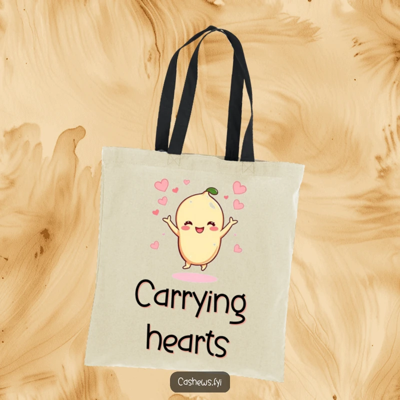 Funny Kawaii Cashew Tote Bag: A cheerful tote featuring a cashew character doing a happy dance, surrounded by floating hearts, promoting joy.