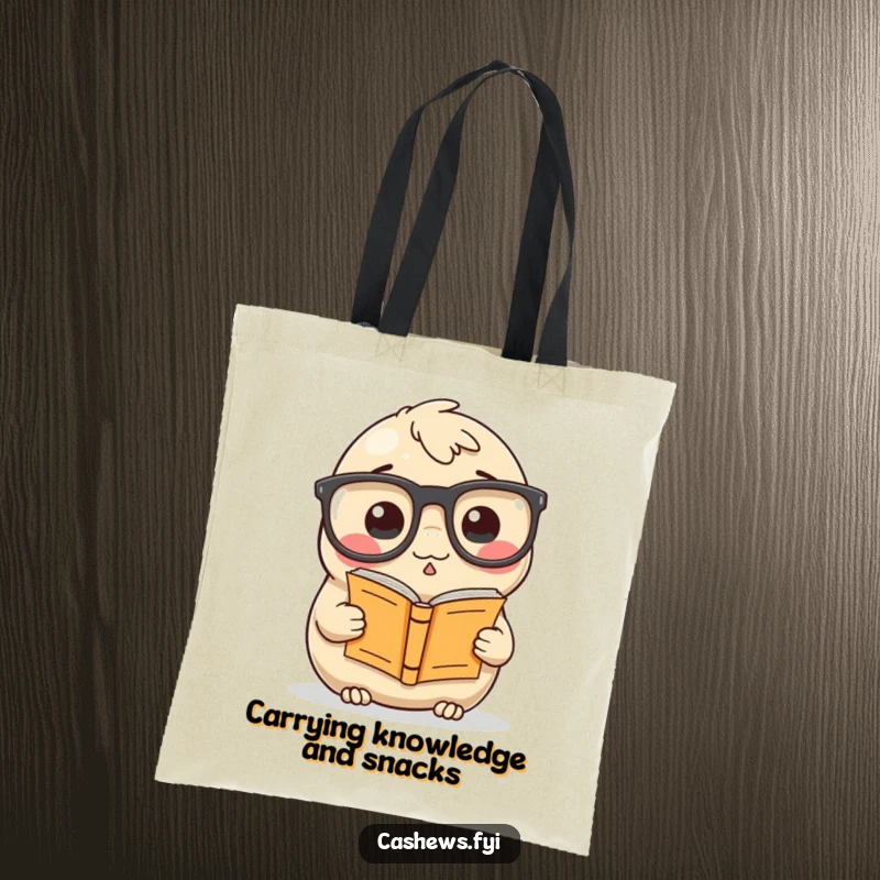 Funny Tote Bag: A cashew wearing large spectacles reads a small book, showcasing a love for literature and a humorous personality.
