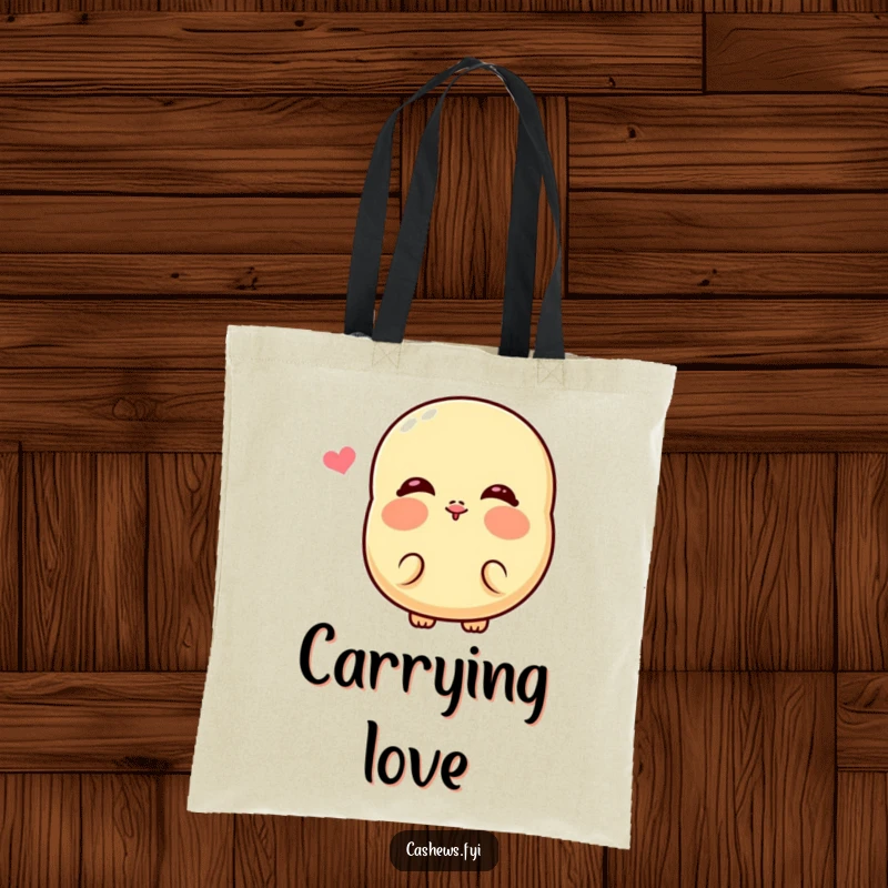 Funny Kawaii Cashew Tote Bag: A charming nut character with vibrant rosy cheeks sending a cartoon kiss, a delightful and funny accessory.
