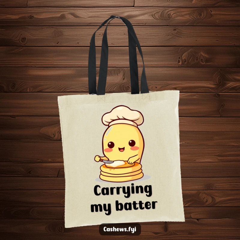 Funny tote bag depicting a kawaii cashew character in a chef hat, enthusiastically flipping pancakes, ready for adventure.