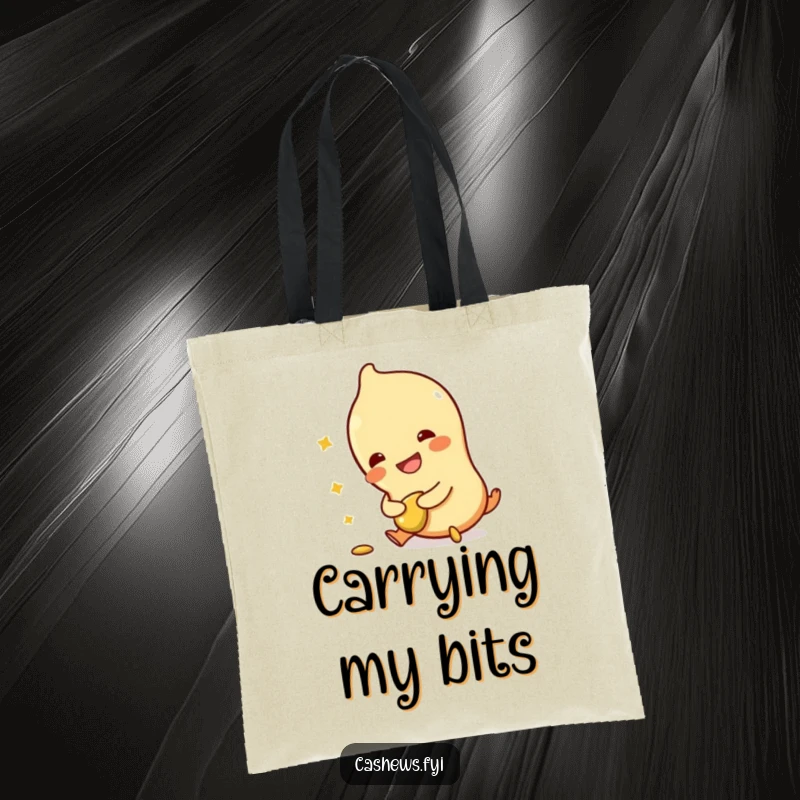 Funny tote bag featuring a cashew character tripping, clutching a broken cashew, and laughing, ideal for carrying groceries or books humorously.