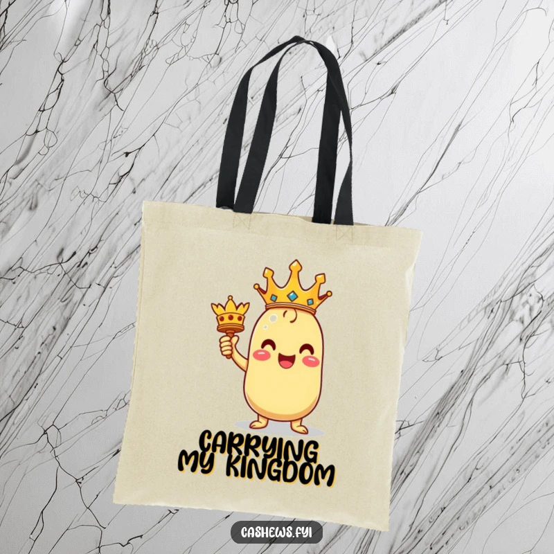 Funny tote bag featuring a triumphant kawaii cashew character holding a miniature crown, ready to conquer the day.