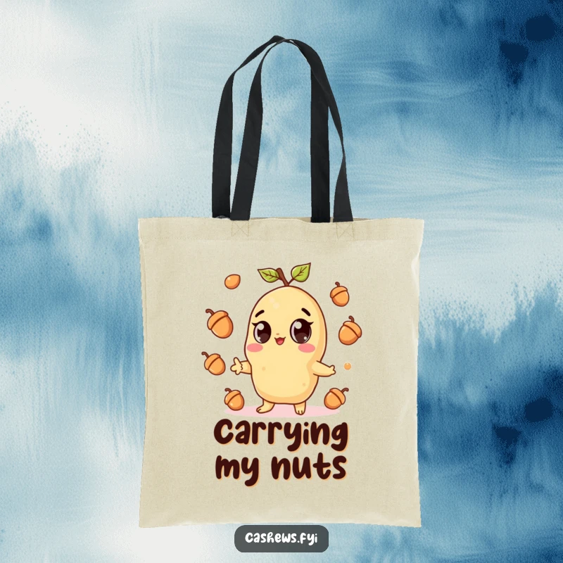 Funny tote bag depicting a kawaii cashew character with big eyes, gleefully juggling acorns, a charming and humorous design.