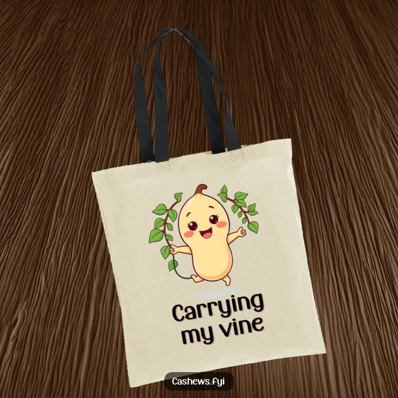 Funny tote bag featuring a happy kawaii cashew character jumping rope with a vine, ready for an active day.