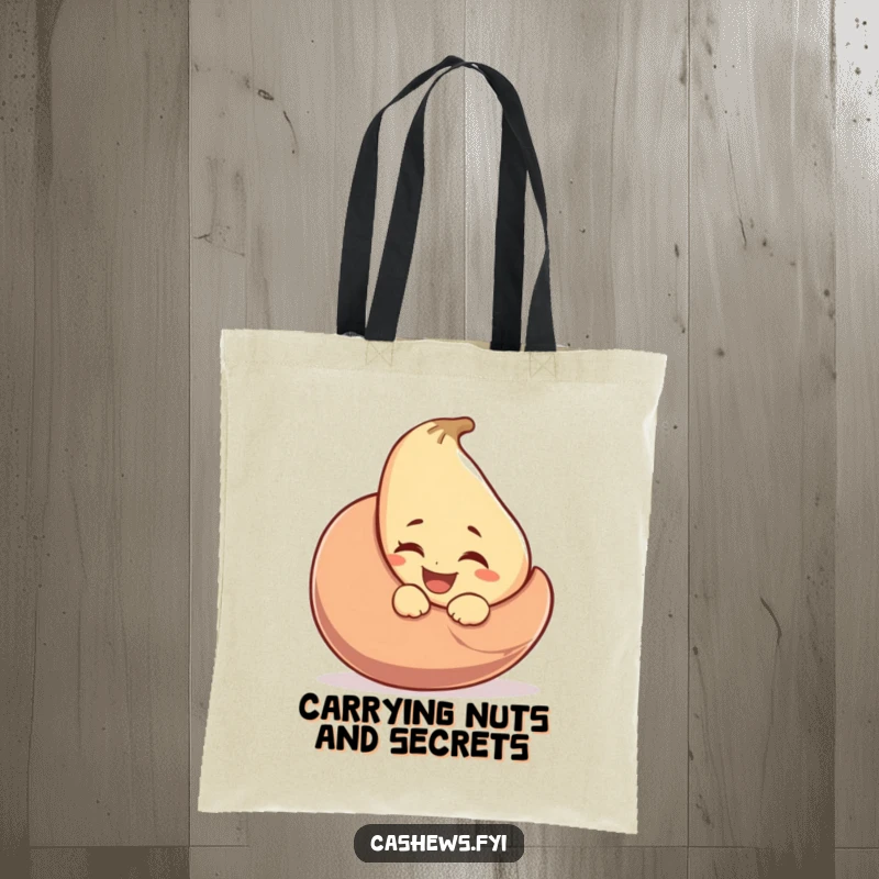 Funny tote bag with a laughing cashew character winking from behind an oversized cashew nut, perfect for carrying essentials with style.