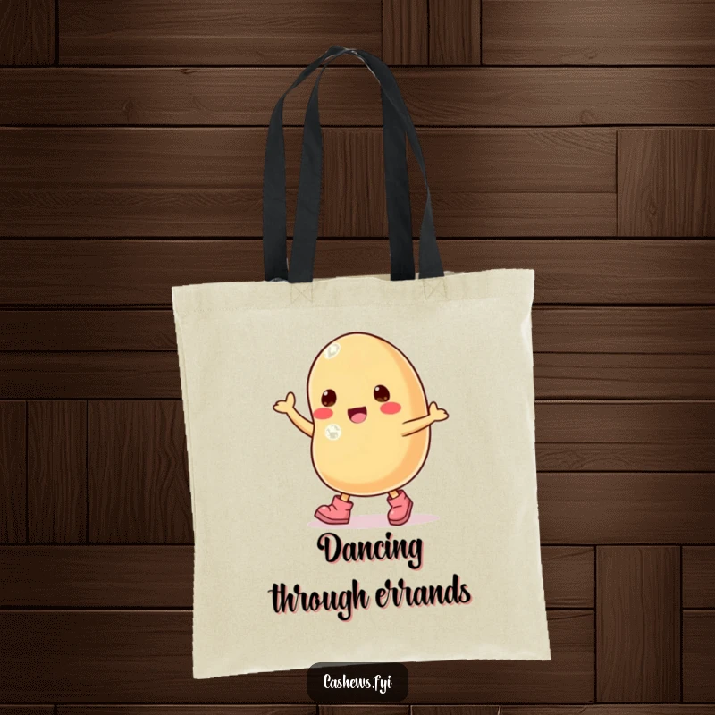 Funny tote bag with a cashew nut character wearing tiny boots and joyfully dancing.