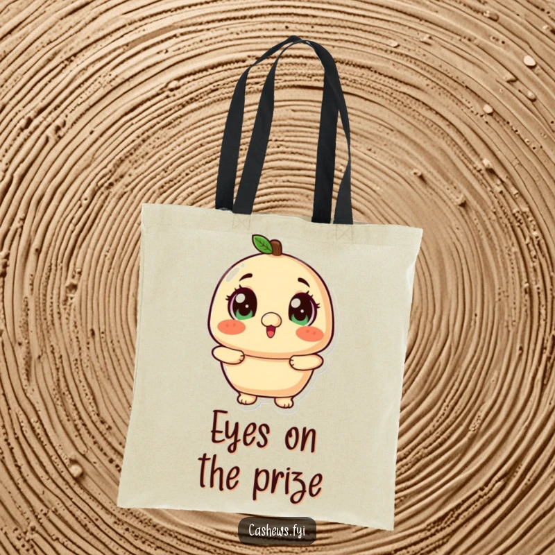 Funny kawaii cashew with wide, twinkling eyes looking up excitedly on a tote bag.