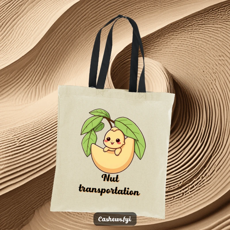 Funny cashew tote bag featuring a character riding a giant husk, perfect for carrying essentials with a side of nutty adventure.