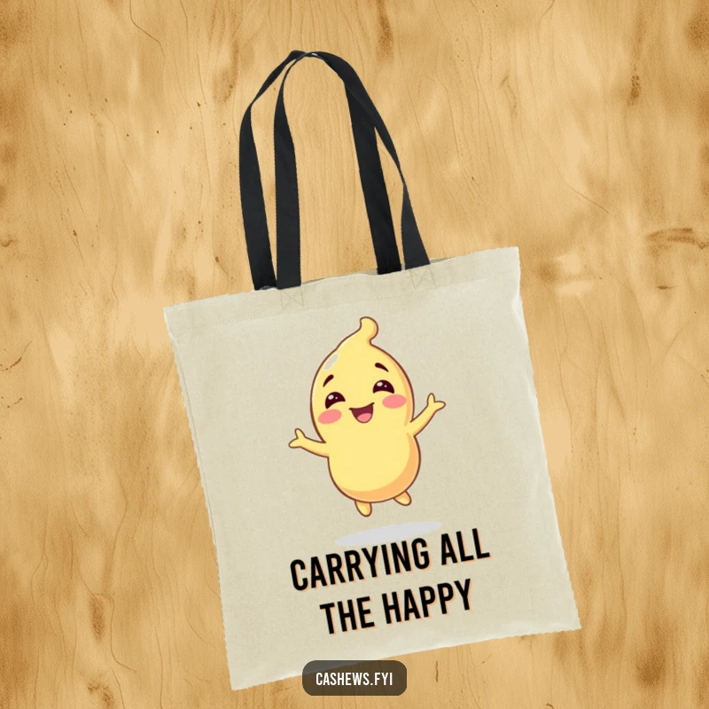 Funny tote bag showcasing a cashew character in mid-bounce, full of excitement and radiating pure, infectious glee.