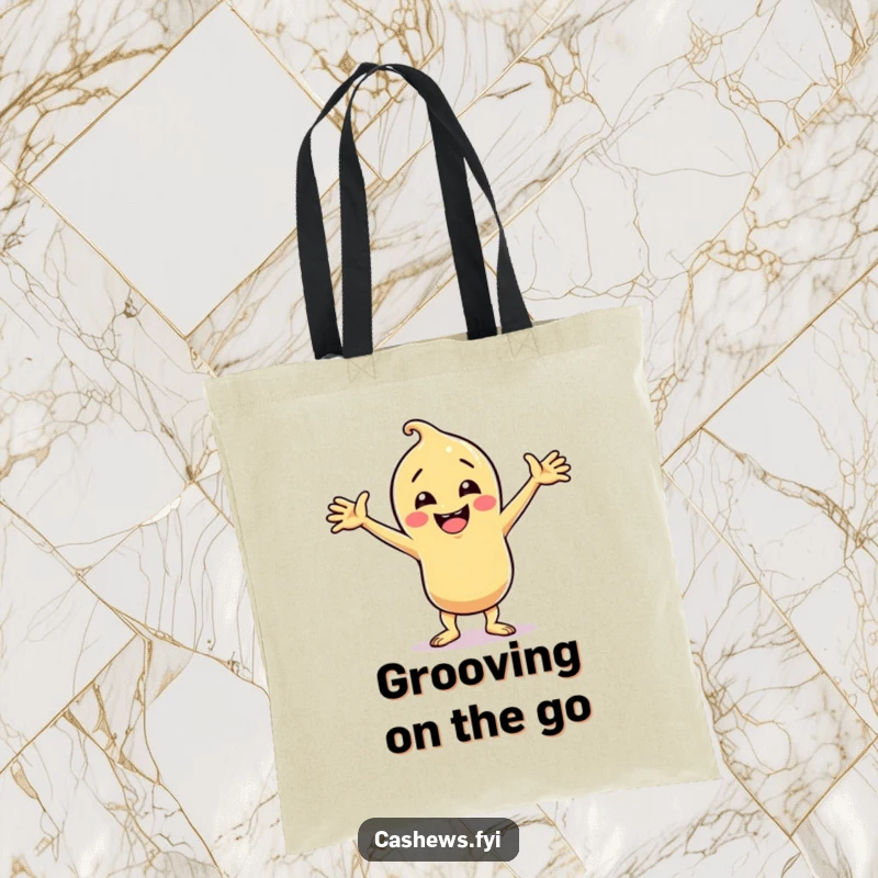 Funny cashew character in a silly dance pose with arms wide, on a tote bag, ideal funny gift.