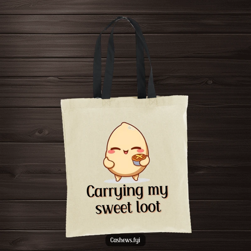Funny tote bag with a mischievous cashew nut winking while holding a tiny pie, ideal for carrying items with a sweet, playful vibe.