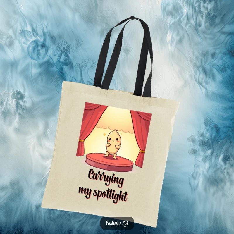 Funny tote bag showcasing a cashew nut actor striking a dramatic pose on a miniature theater stage, perfect for carrying essentials.