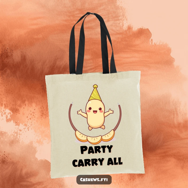 Funny cashew party tote bag showcasing a happy cashew character in a party hat, energetically jumping through a hoop of cashew halves.