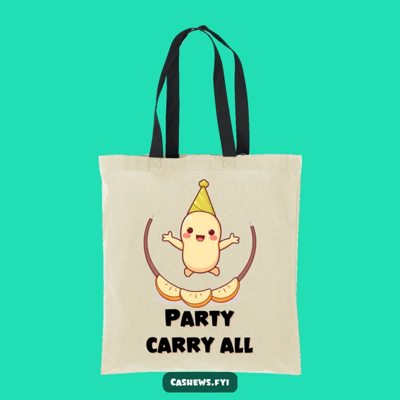 Funny Cashew Party Tote Bag: Jumping Nut Character, Humorous Celebration Gift Bag