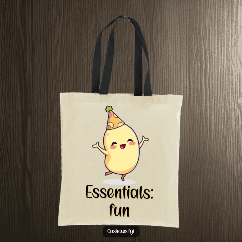 Funny tote bag with a cashew character in a party hat dancing energetically, perfect for carrying party supplies or daily items.