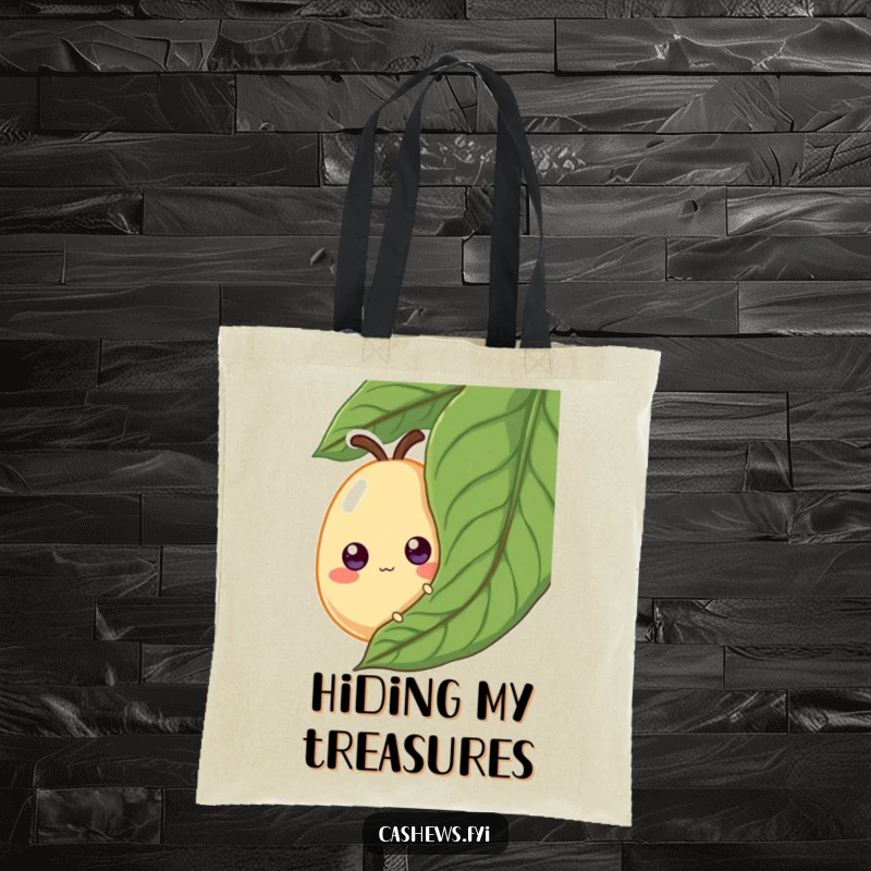 Funny Tote Bag: A cashew with googly eyes peeks from behind a leafy cover, adding a humorous and playful touch to this practical bag.