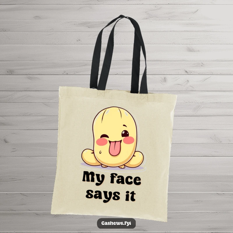 Funny tote bag showcasing a cashew character with its tongue out and a playful wink, embodying pure mischief.