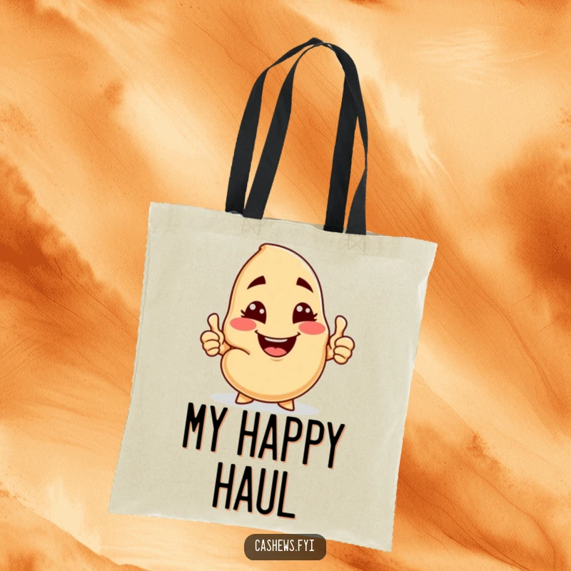 Funny tote bag with a cashew character offering a cashew nut, complete with a cheeky grin, wink, and thumbs-up.