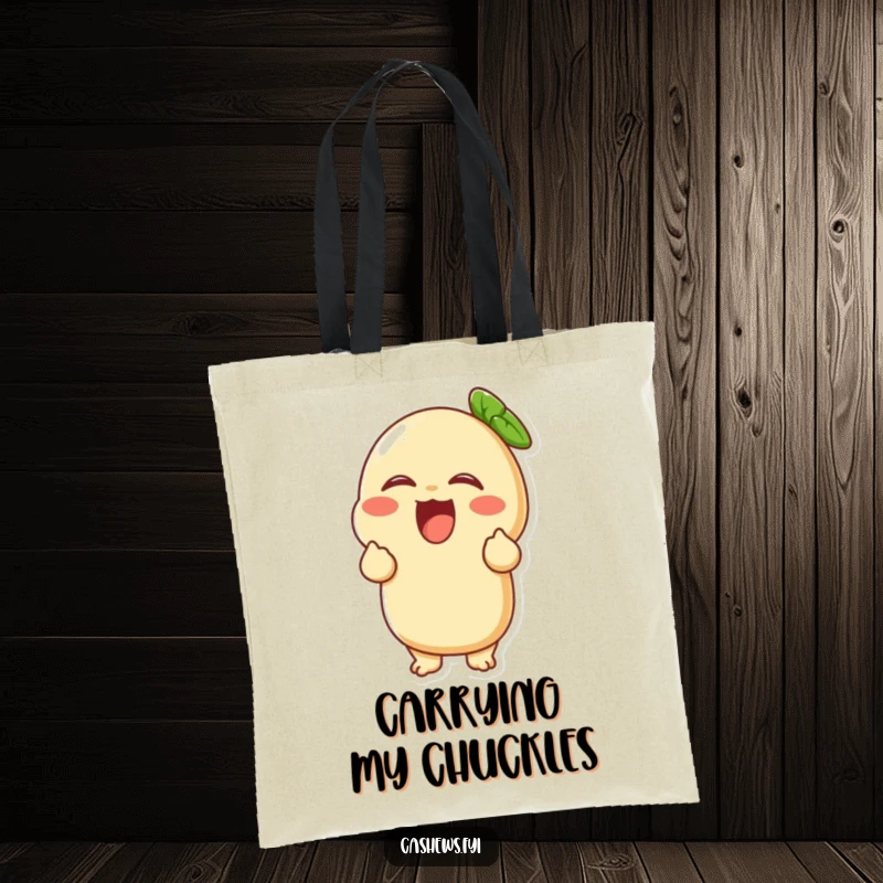 Funny tote bag with a cashew character in uncontrollable laughter, ready to carry your essentials with a side of humor.