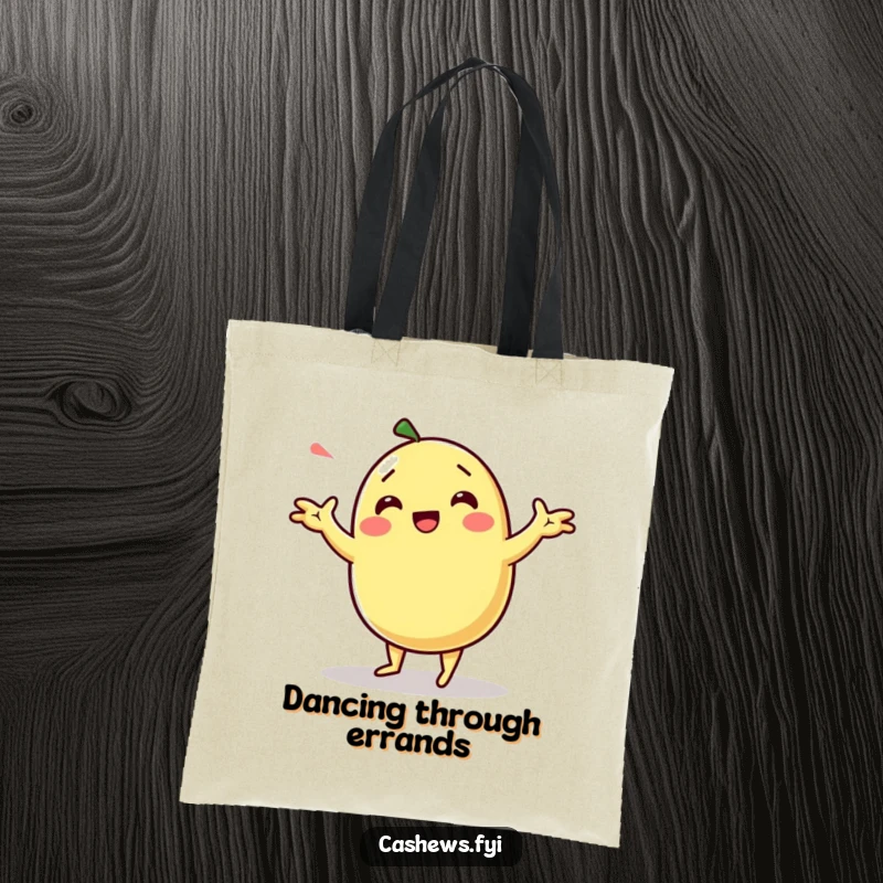 Funny kawaii cashew character doing a silly dance with exaggerated arm movements on a tote bag.