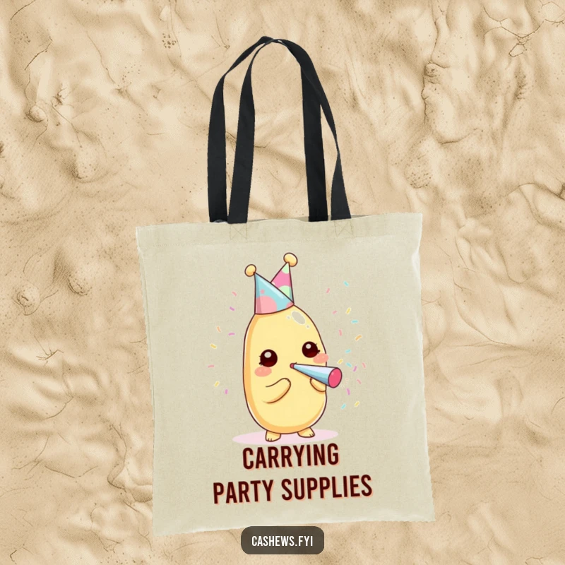 Funny kawaii cashew in a party hat, blasting a confetti popper on a durable tote bag.