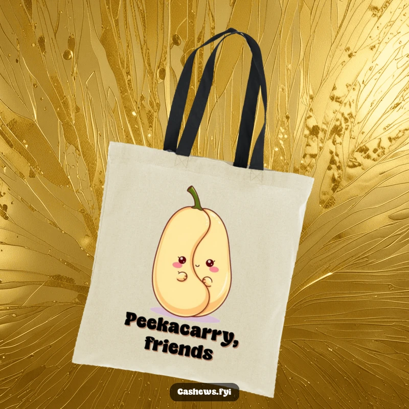 Funny kawaii cashew tote bag featuring a cute character peeking and grinning, perfect for carrying essentials with extra charm.