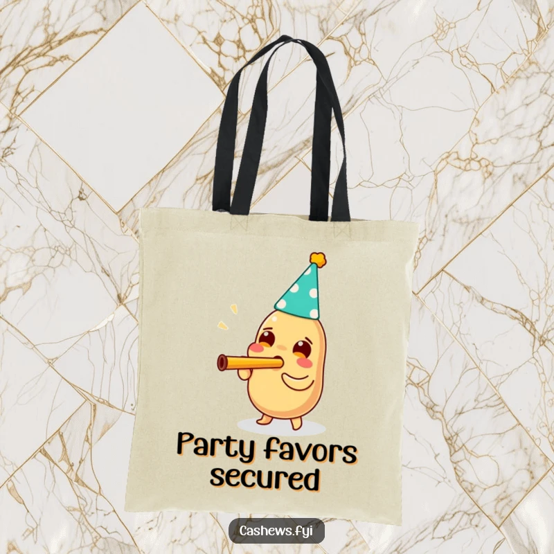 Funny tote bag with a cashew wearing a party hat and enthusiastically blowing a kazoo, perfect for carrying party essentials.
