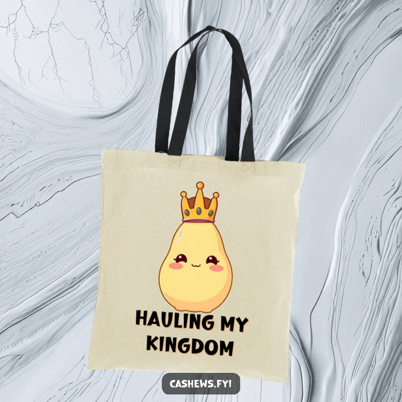 Funny tote bag with a cashew character proudly wearing a small crown, looking regal but comically unsteady.
