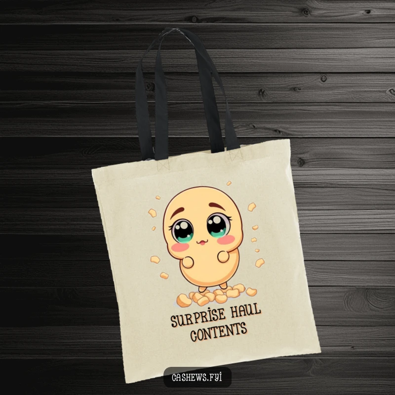 Funny surprised cashew tote bag featuring a nut with wide, surprised eyes in reaction to a shower of smaller cashew pieces, a fun carry-all.