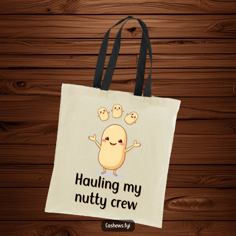 Funny tote bag with a happy, tiny-legged cashew juggling smaller nuts, showcasing a goofy grin and playful energy for everyday use.