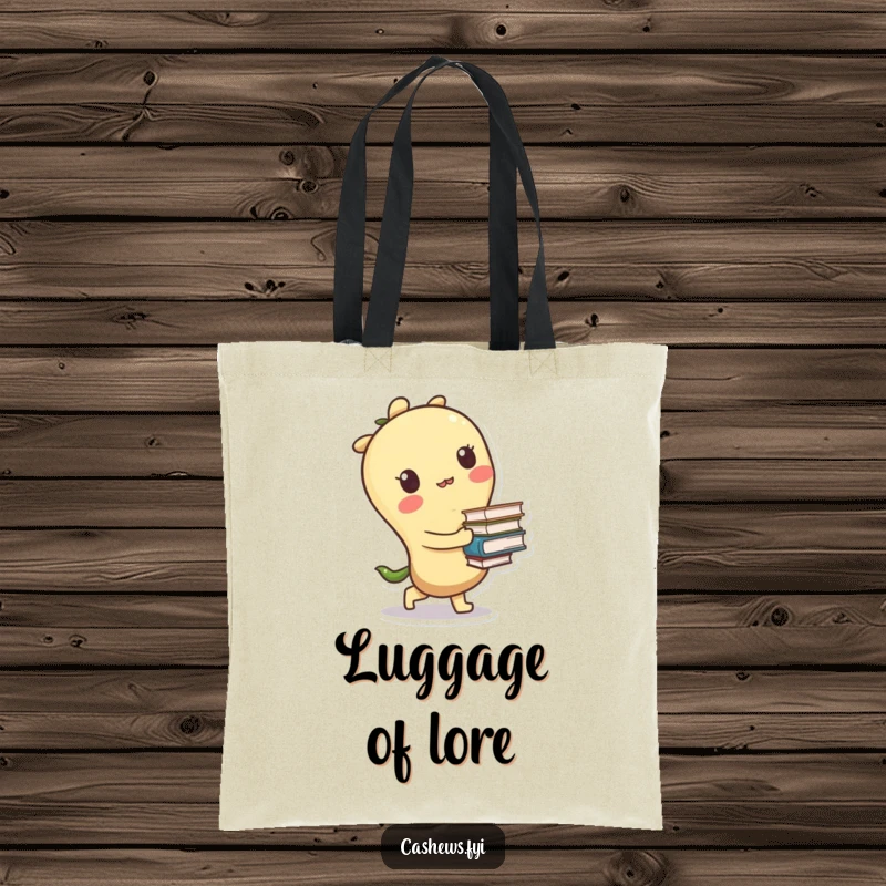 Funny tote bag featuring a kawaii cashew character stumbling with a stack of books, perfect for carrying essentials with a chuckle.