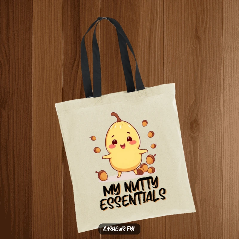 Funny tote bag featuring a cashew character cheerfully juggling acorns, ideal for carrying items with a humorous touch.