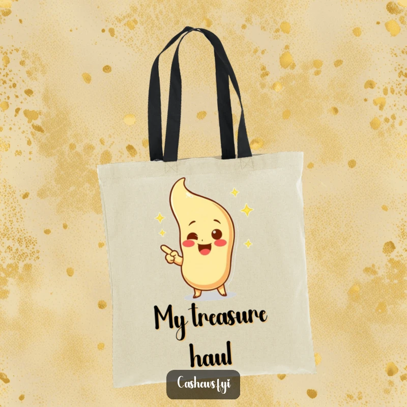 Funny tote bag with an excited cashew character pointing at a sparkling, imaginary cashew, ideal for shopping or carrying daily items.