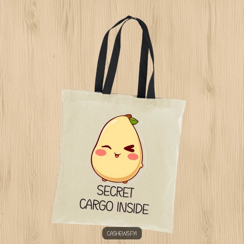 Funny tote bag with a kawaii cashew character giving a mischievous wink and blush, perfect for carrying items with cheeky humor.